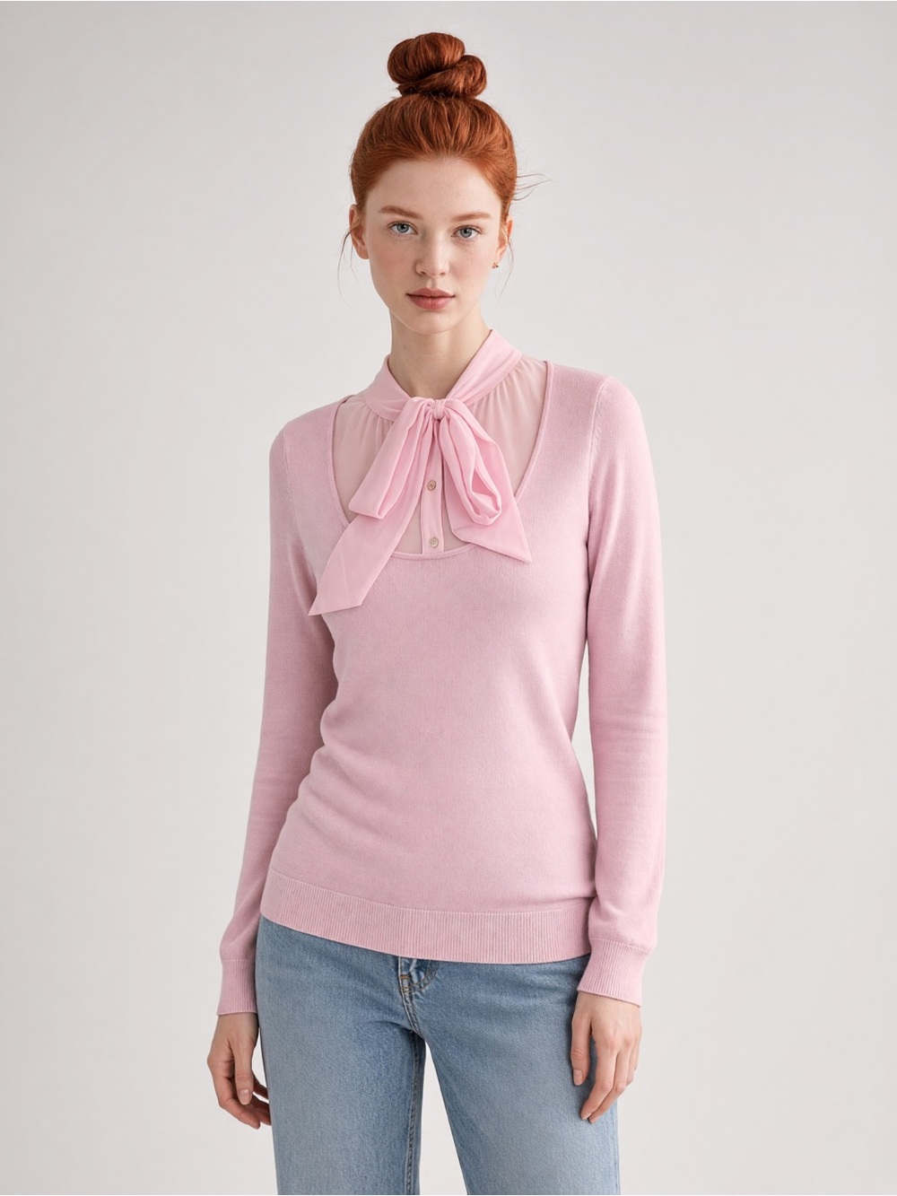 Ralph Lauren Pink Bow-Neck vintage Y2K Cottage Soft Girl long sleeves top. S